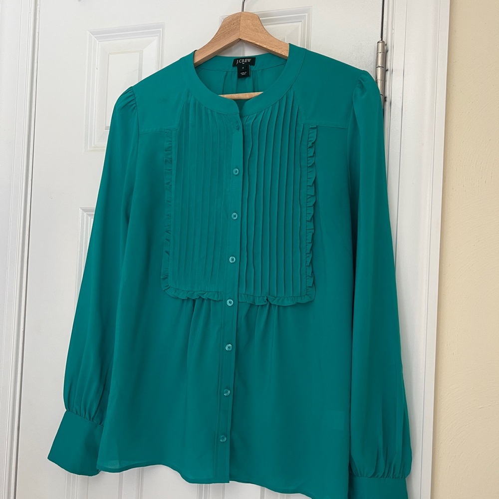 J. CREW Teal Pintuck Ruffle-Trim Button Down Blouse Career flowy quiet luxury